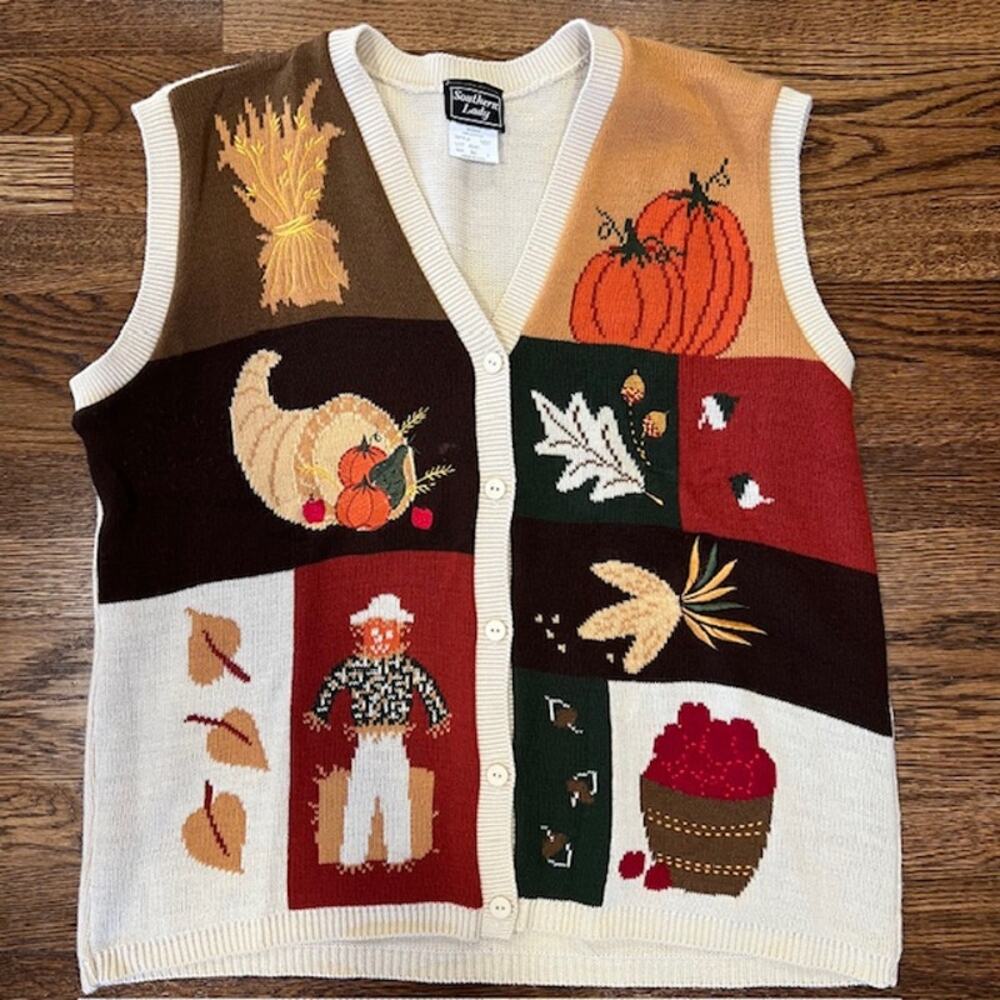 VTG Southern Lady Fall Embroidered Vest Womens XL Scarecrow Pumpkin Cottage USA